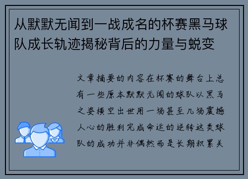 从默默无闻到一战成名的杯赛黑马球队成长轨迹揭秘背后的力量与蜕变